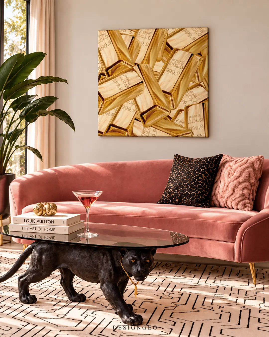 Gold bars bullion stack square canvas wall art displayed on a beige wall in a luxury modern living room above a pink velvet curved sofa and a black panther glass coffee table