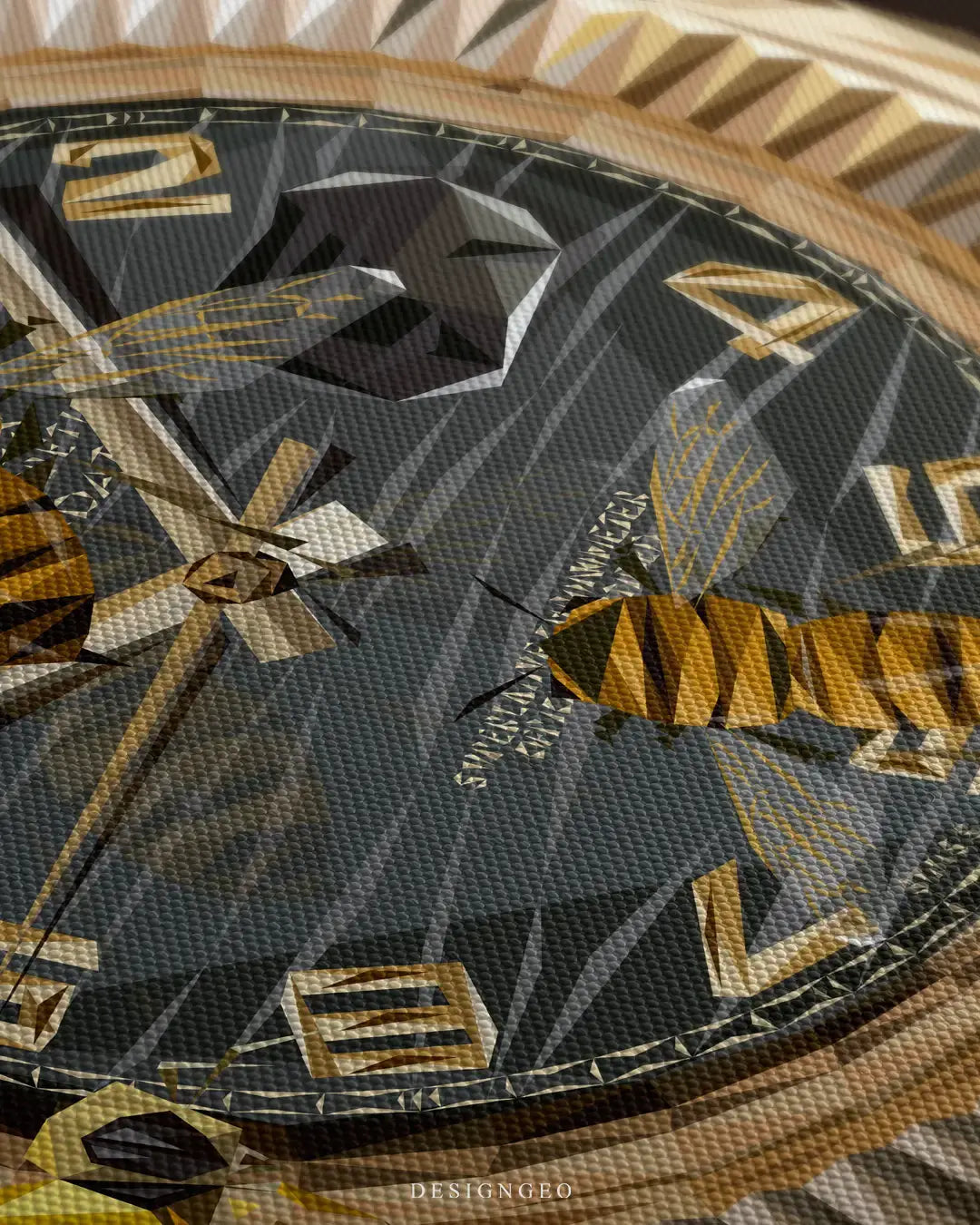 Detailed view of the "Golden Hour" art print showcasing the fluted bezel of a gold luxury watch and low-poly worker bees crawling across the glass, set against a dark background