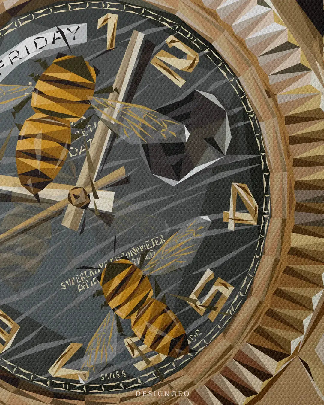 Macro close-up of geometric luxury wall art highlighting a detailed low-poly honeybee flying over the gold-toned markers, hands, and dark textured dial of a luxury wristwatch canvas