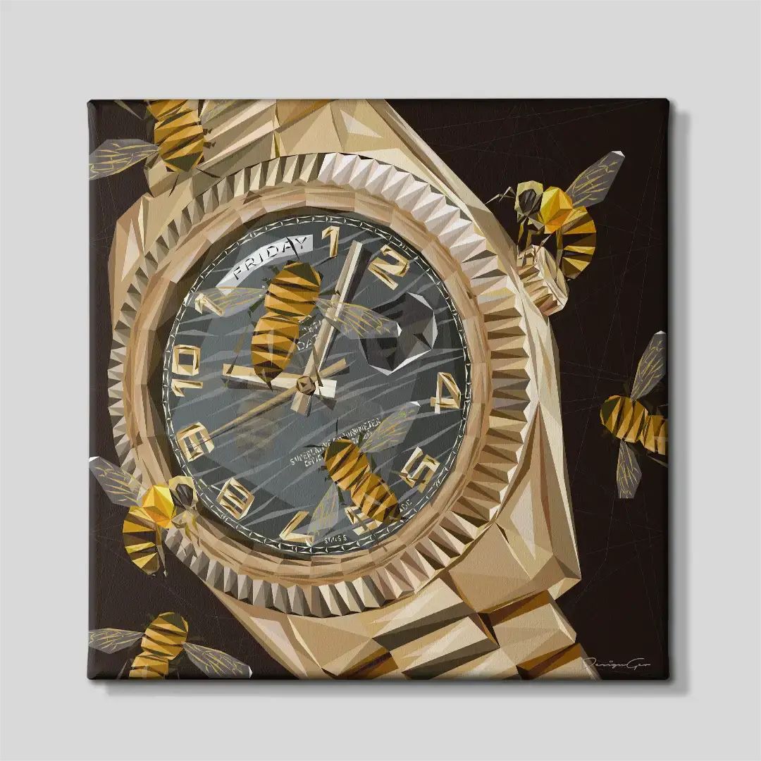 Front view of the premium "Golden Hour" square canvas print, an artistic low-poly rendering of a yellow gold watch surrounded by honeybees, perfect for modern bedroom and executive office decor