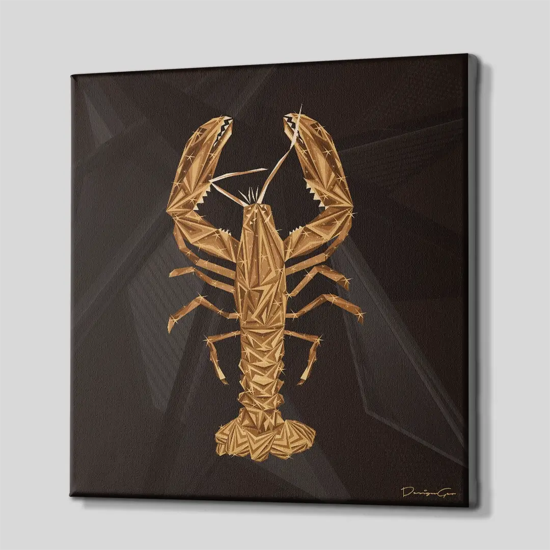Side angle of the modern golden lobster canvas print, highlighting the high-quality gallery wrap finish and the professional 3D frame depth