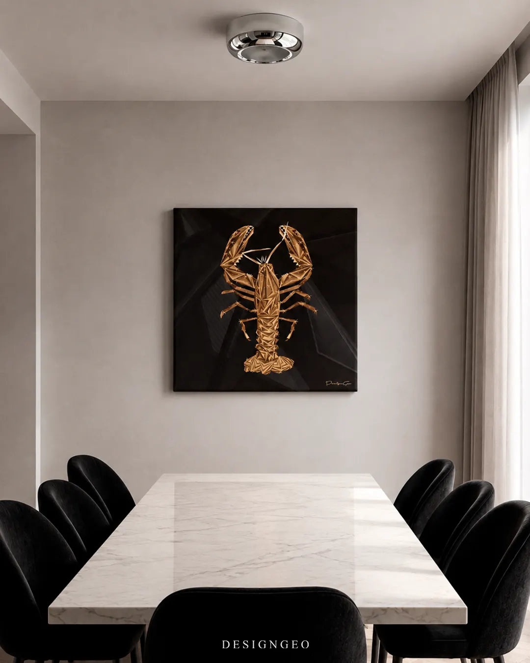 Square golden low-poly lobster canvas wall art mounted on a light beige wall in a modern dining room above a white marble table surrounded by black velvet chairs