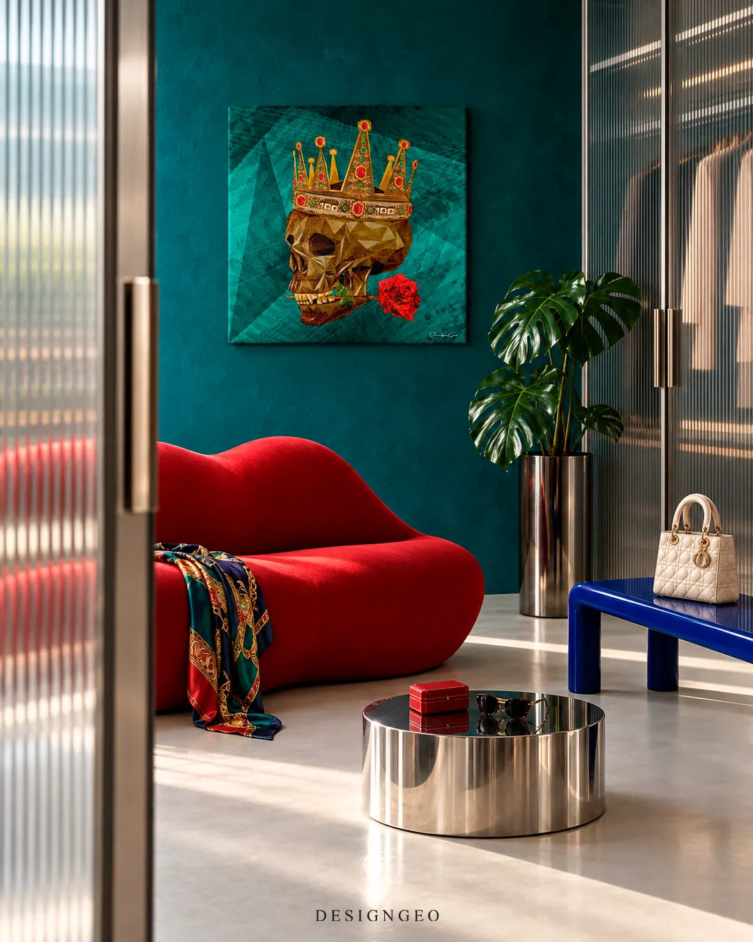 Luxury modern interior featuring a square canvas print of a low-poly gold skull wearing a royal crown with a red rose in its mouth on a teal wall