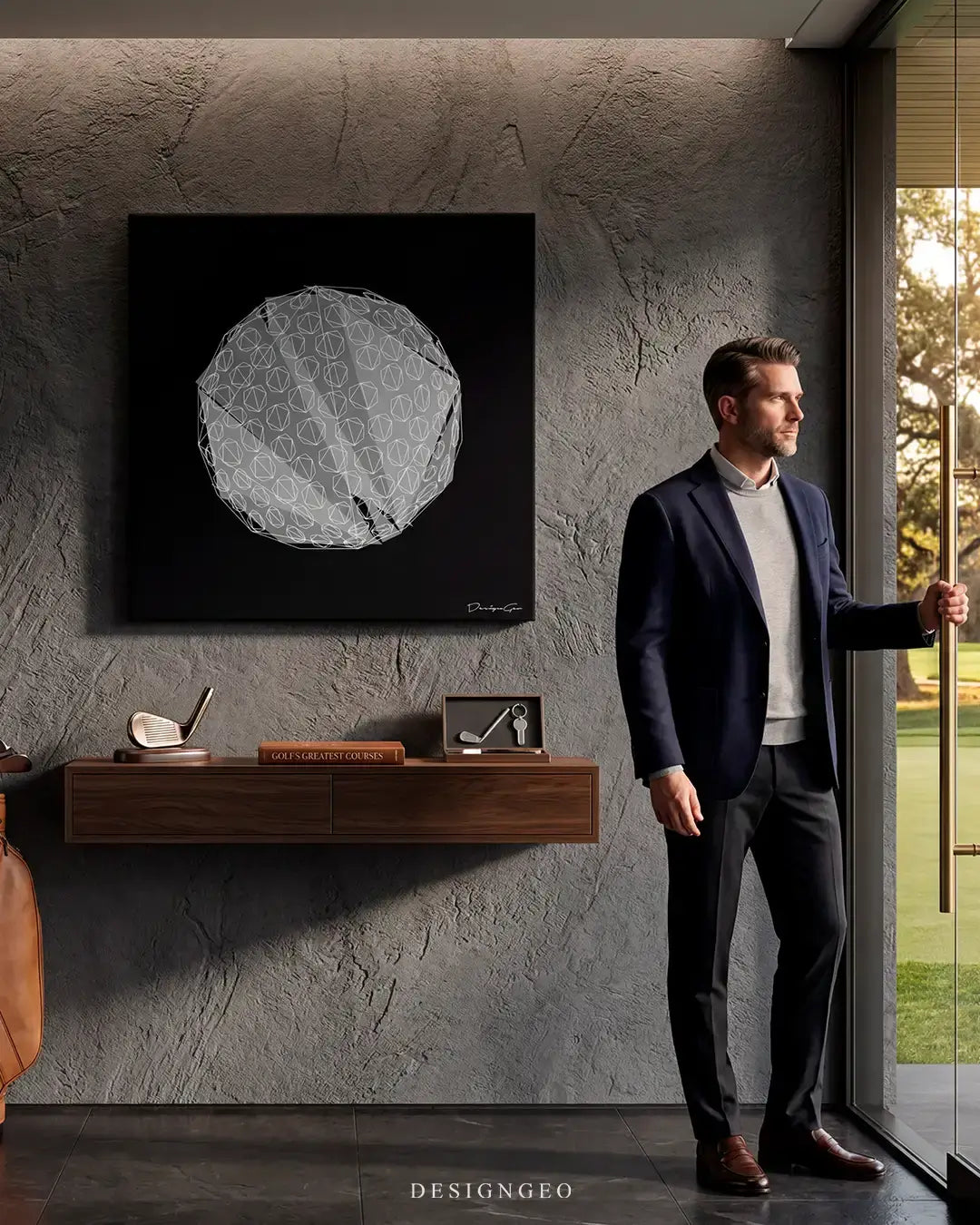 Contemporary living room interior displaying the minimalist Golf Ball square canvas print above a table, adding a sophisticated sports aesthetic to modern homes or executive offices