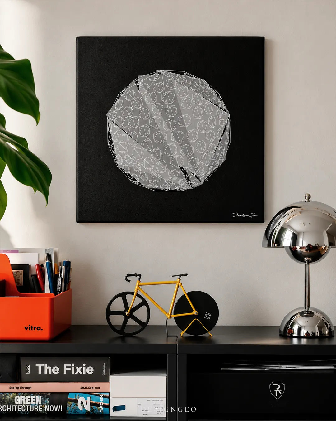 White geometric wireframe golf ball schematic blueprint square canvas wall art displayed on a white wall in a modern workspace above a black desk 0.75 inch thin wrap