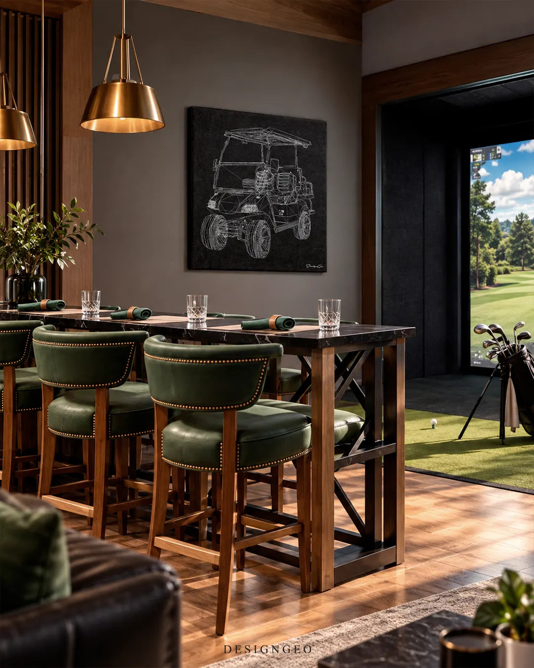White wireframe golf cart technical schematic blueprint square canvas wall art displayed on a dark grey wall in a luxury golf simulator lounge above a wooden bar counter with green leather stools 0.75 inch thin wrap