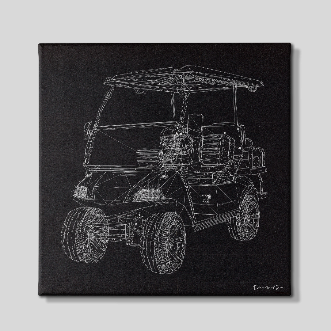 Front view of the square golf cart canvas art, displaying a white geometric wireframe 3D model of a modern golf buggy centered on a black background, perfect for office and lounge decor