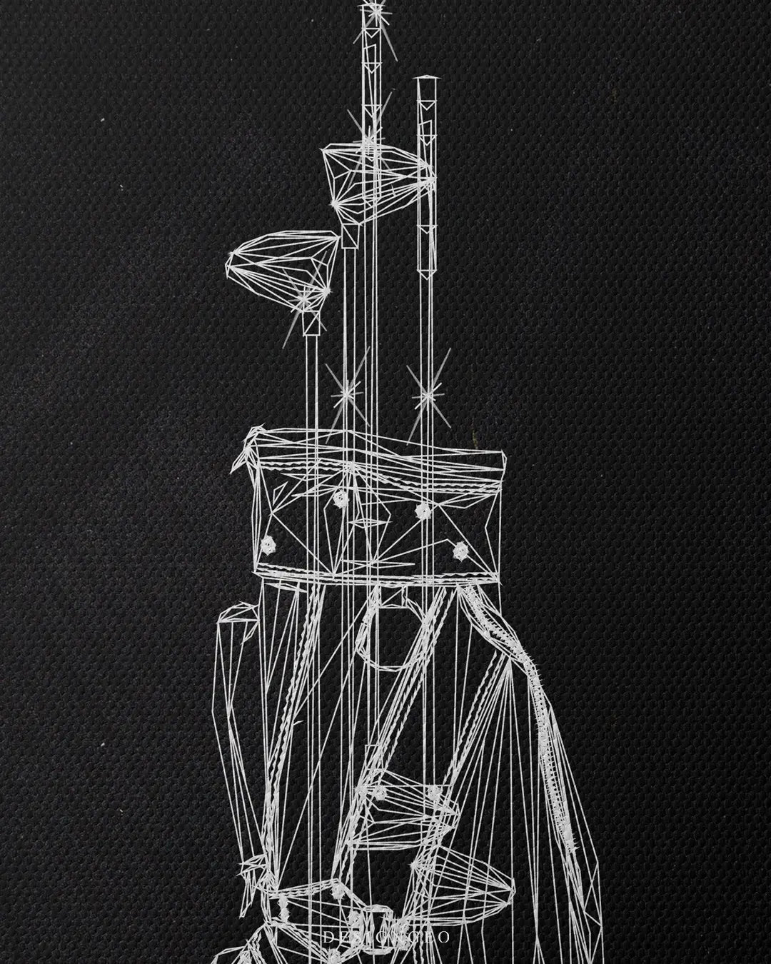 Modern minimalist illustration of a professional golf bag and clubs on canvas, symbolizing focus and executive leisure against a deep dark backdrop