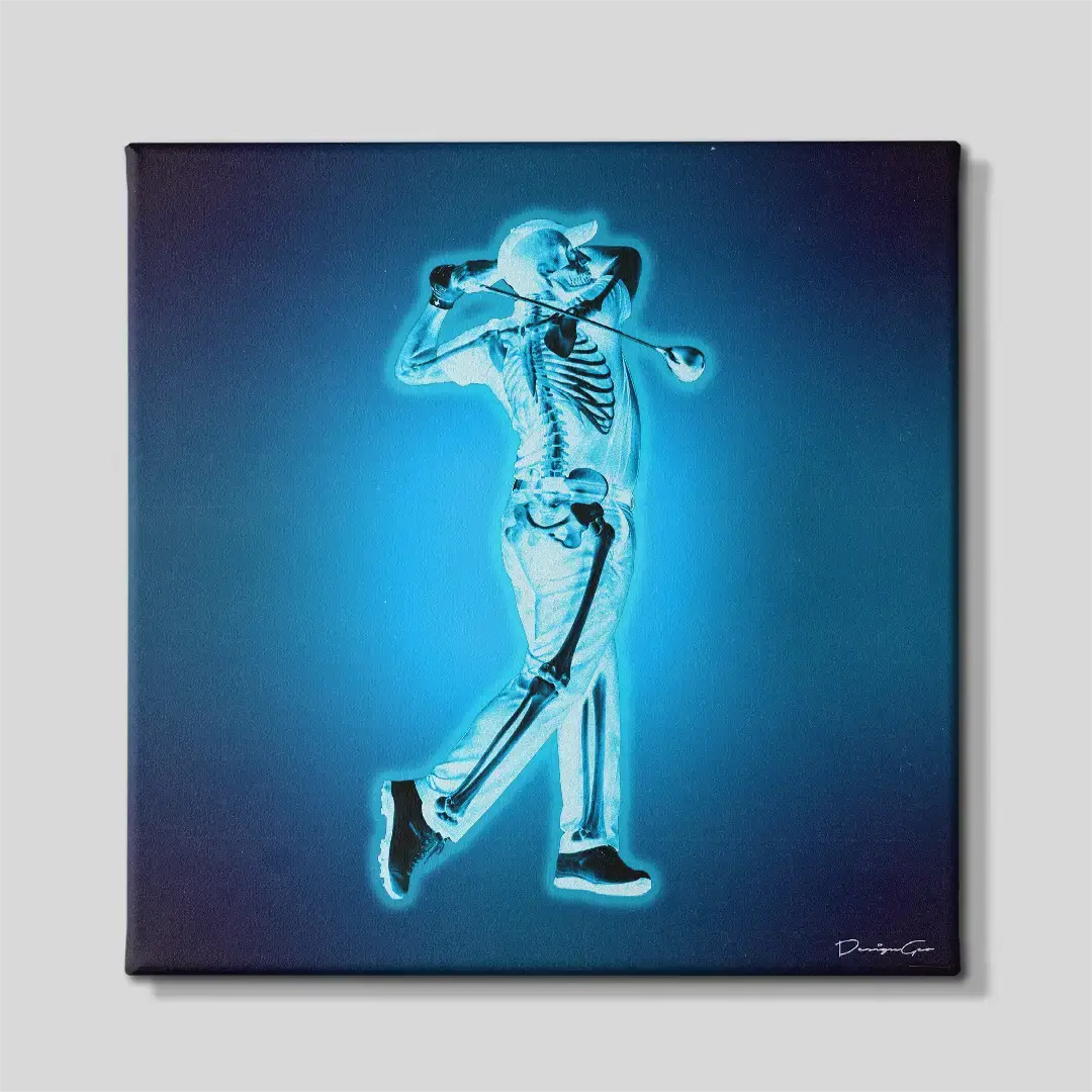 Front view of the golfer swing X-ray anatomy square canvas wall art, a premium decorative piece for modern golf clubs, medical offices, or professional study rooms