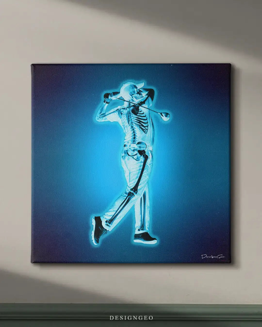 Golf swing anatomy canvas wall art displayed on wall of modern office interior