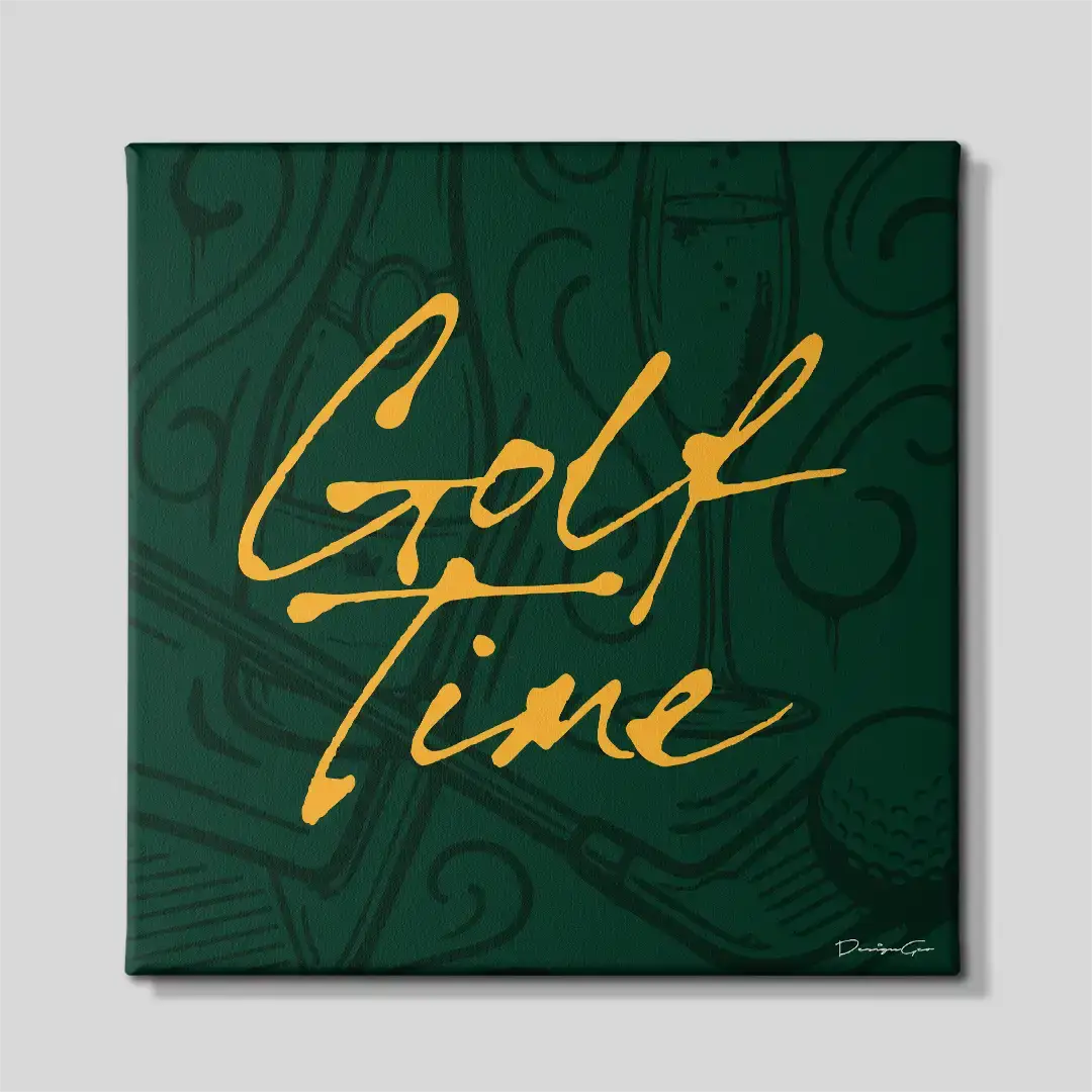 Front view of the "Golf Time" motivational square canvas wall art, a premium decorative piece for high-end golf club lounges, modern executive offices, or sports-themed studies