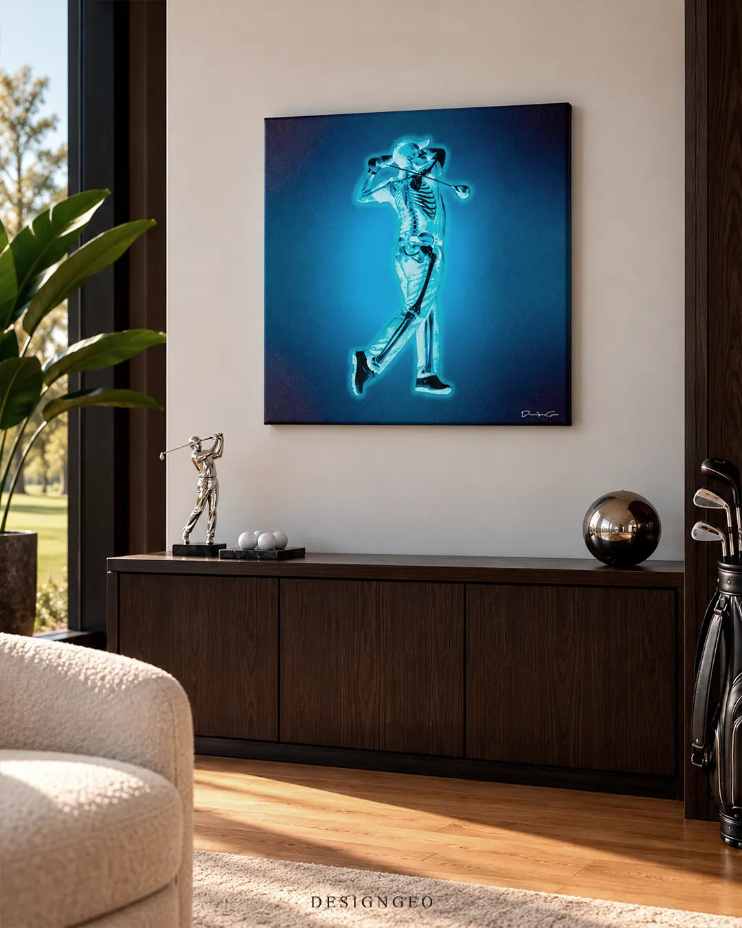 Glowing blue X-ray skeleton golfer full swing square canvas wall art displayed on a white wall in a luxury lounge above a dark wood credenza near golf clubs 0.75 inch thin wrap