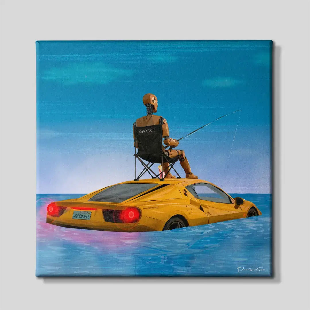 Frontal view of the Gone Fishing square canvas wall art, a premium conceptual pop art piece designed for modern executive offices, creative workspaces, and living rooms