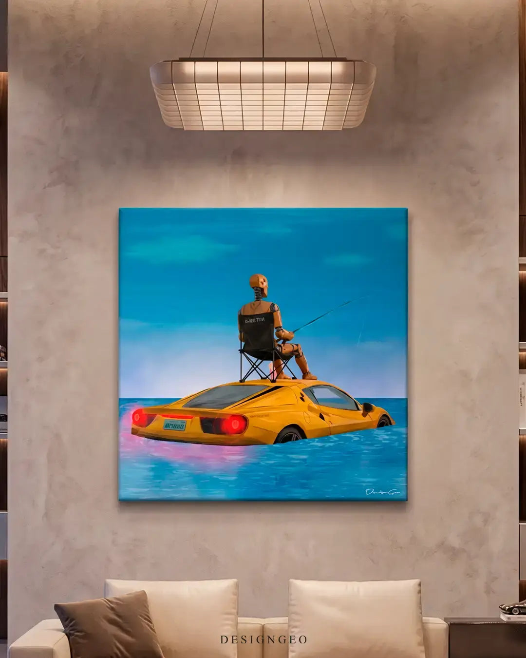 Minimalist livingroom interior displaying the Gone Fishing sports car square canvas print above the sofa, adding a bold artistic statement piece to modern home decor