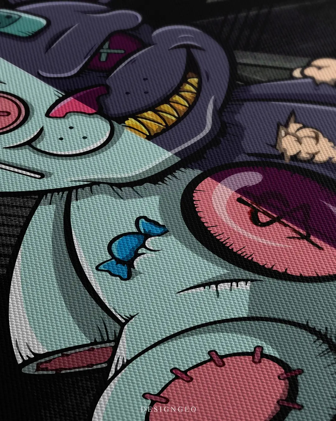Close-up of a pop art teddy bear portrait featuring a split design: one side soft and innocent, the other edgy and rebellious with realistic fabric textures on a black background