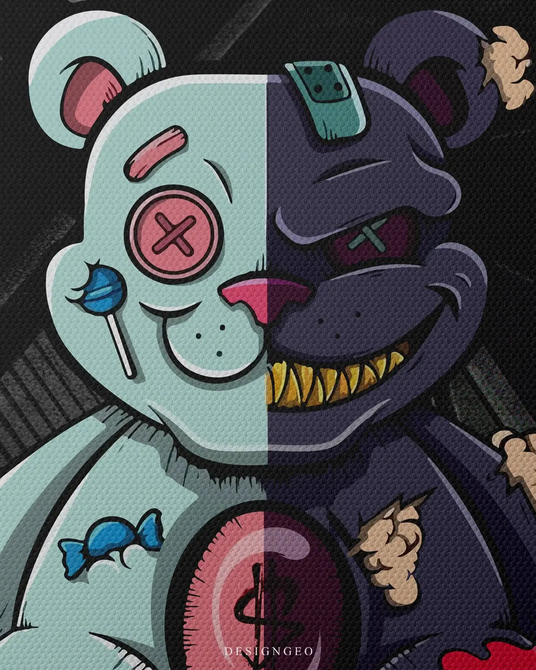 Artistic canvas illustration of a modern teddy bear with a dual personality, blending bright pop colors and street art elements to represent the balance between good and bad
