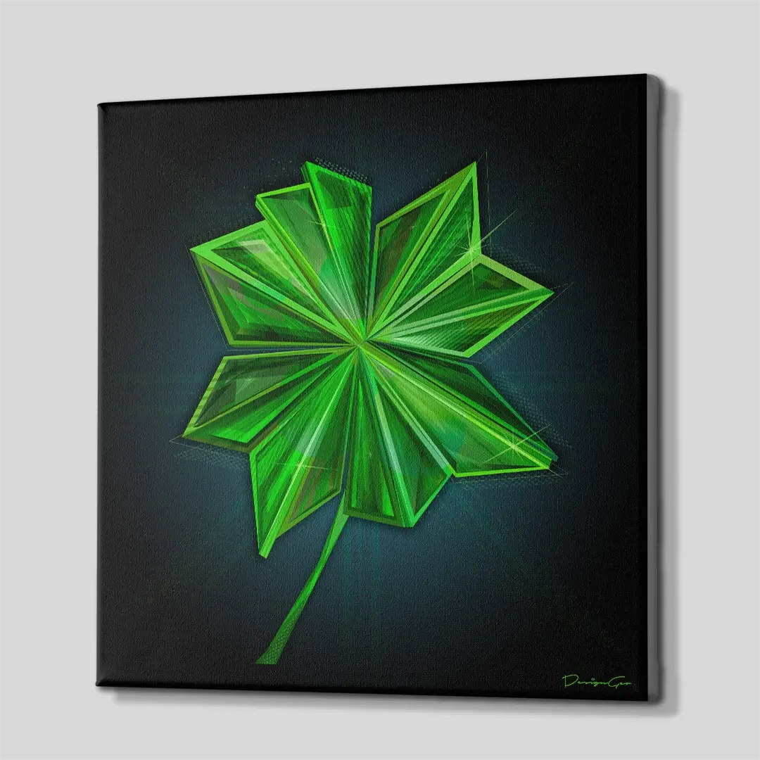 Side angle of the four-leaf clover lucky charm canvas print, highlighting the high-quality gallery wrap finish and the professional 3D frame depth
