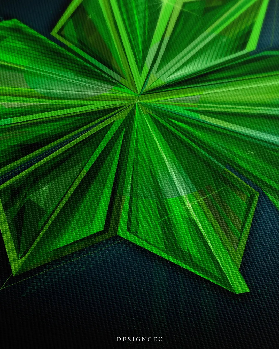 Close-up of modern minimalist wall art featuring a vibrant green four-leaf clover with organic textures on a deep black background