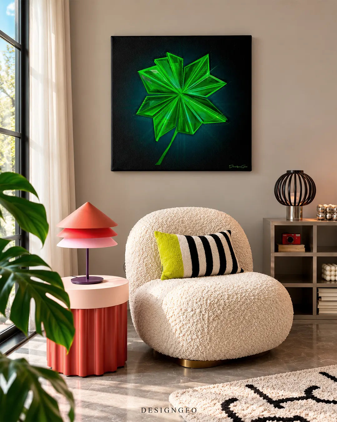 Glowing green geometric four-leaf clover square canvas wall art displayed on a beige wall in a modern living room above a cream bouclé armchair 0.75 inch thin wrap