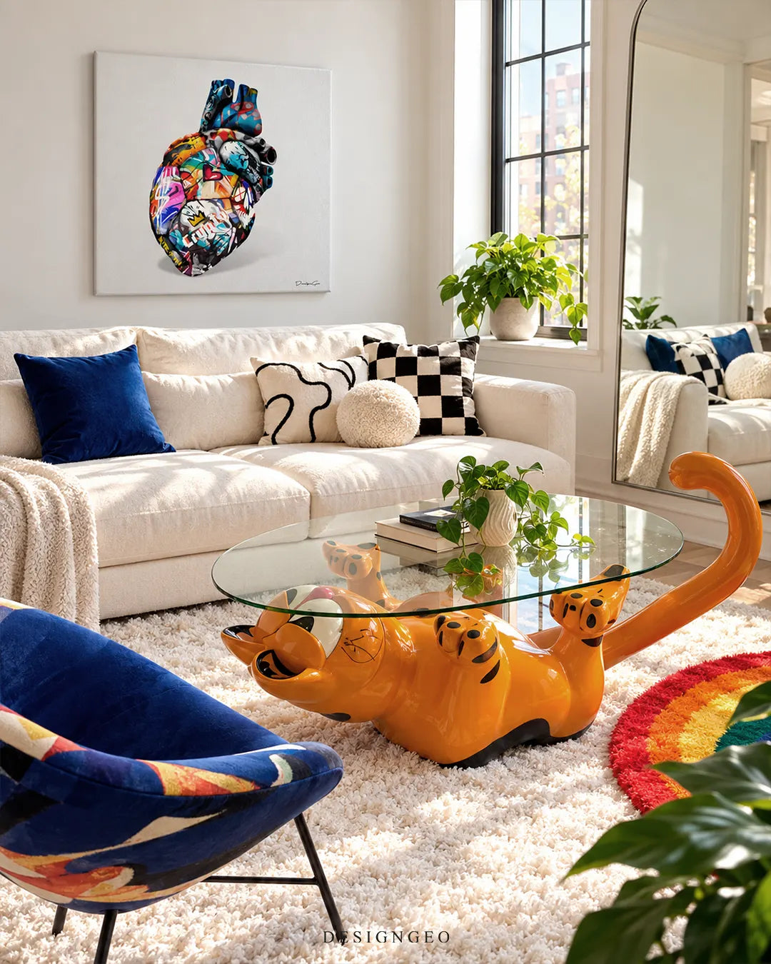 Colorful graffiti anatomical heart square canvas wall art displayed on a white wall in a bright living room above a cream sofa and an orange cat glass coffee table