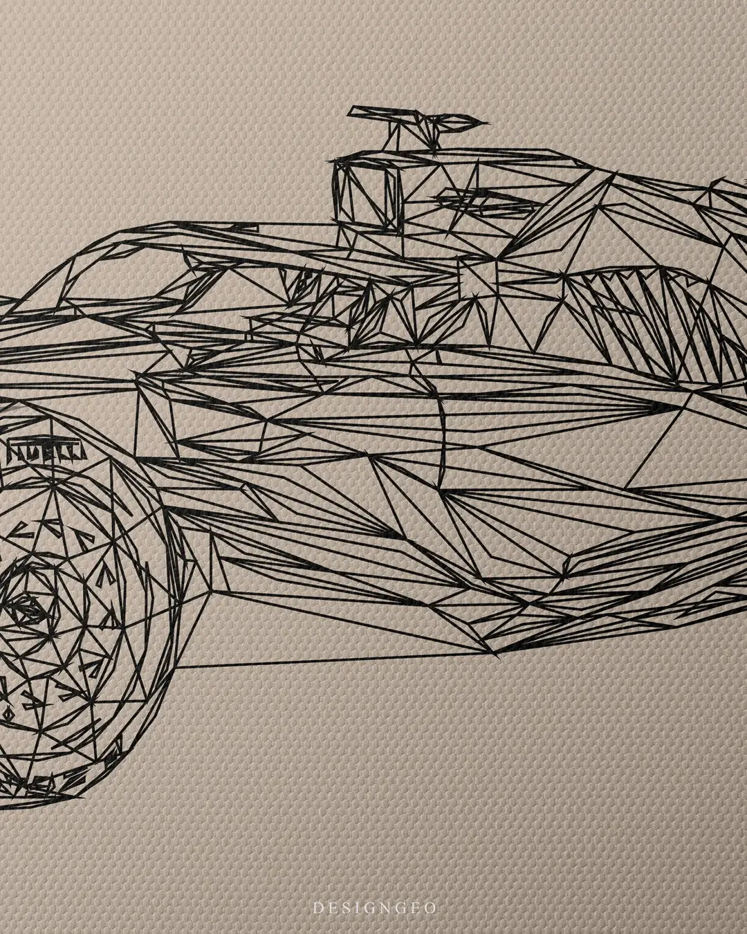 Artistic canvas illustration of a Formula racing car in a minimal line art style, capturing the essence of speed and engineering with a sophisticated neutral aesthetic