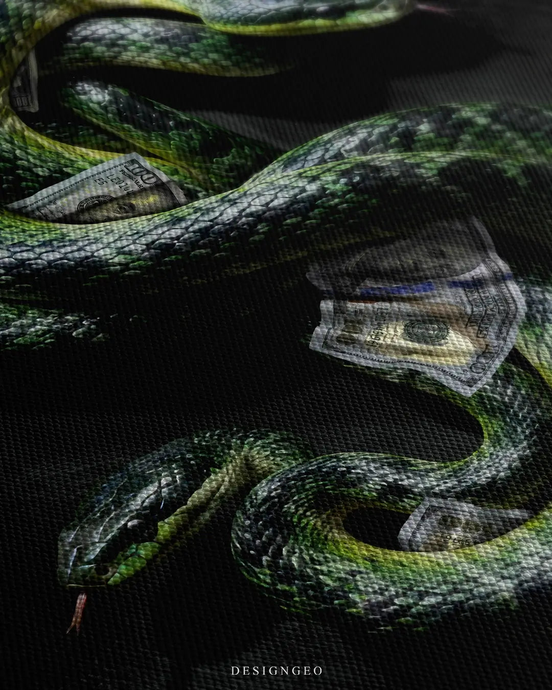 Close-up of a canvas wall art featuring a green snake coiled into a dollar sign, showing detailed scale textures and premium canvas fabric