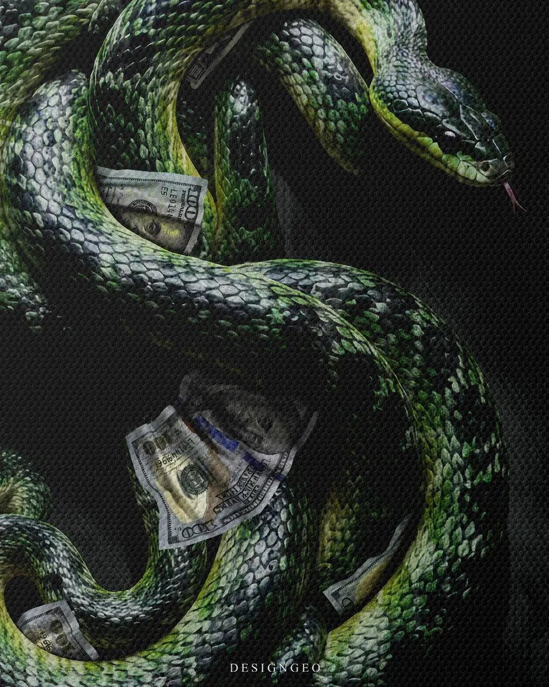 Detailed frontal shot of a vibrant green snake forming a money symbol, printed with high-definition ink on a professional gallery-wrapped canvas