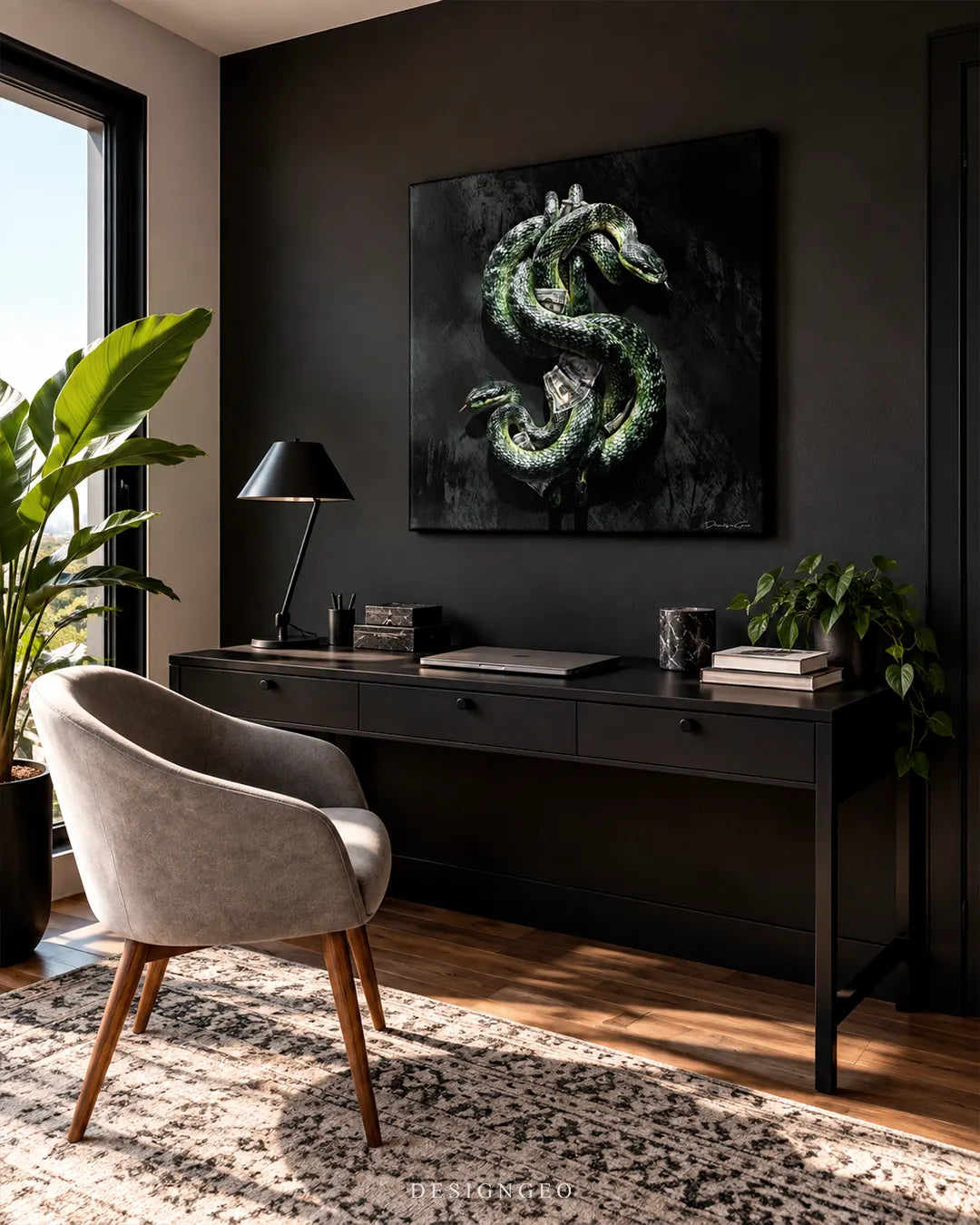 Green two-headed snake wrapped around dollar sign square canvas wall art displayed on a black accent wall in a executive home office above a dark desk 0.75 inch thin wrap