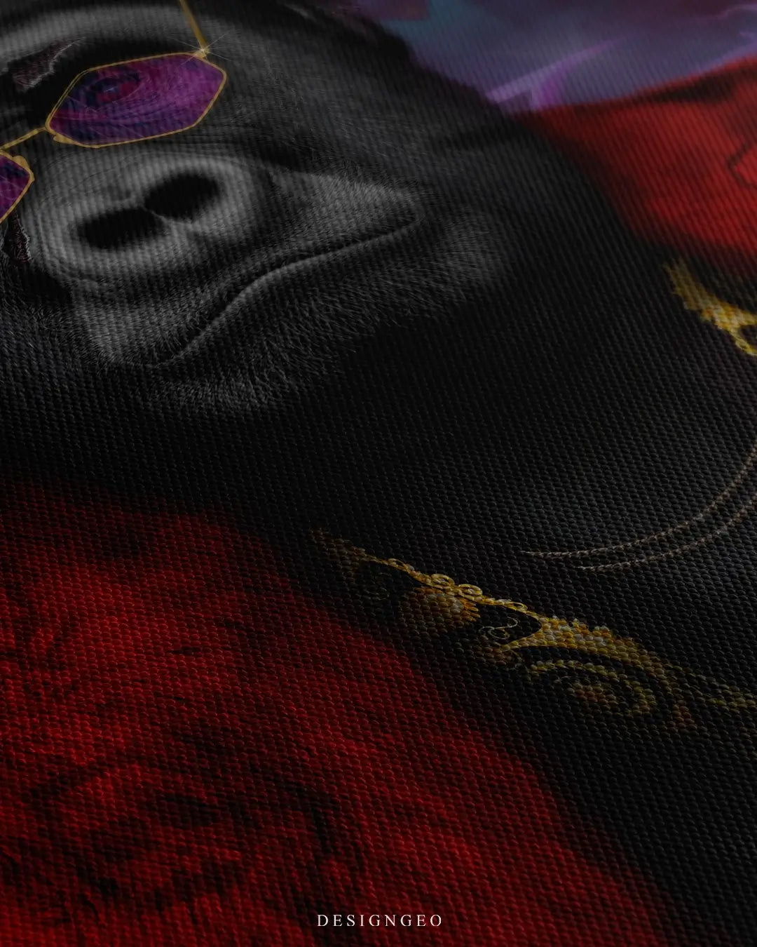 Close-up of haute couture gorilla wall art featuring detailed designer clothing textures and a stylish primate walking through a neon-lit Tokyo street