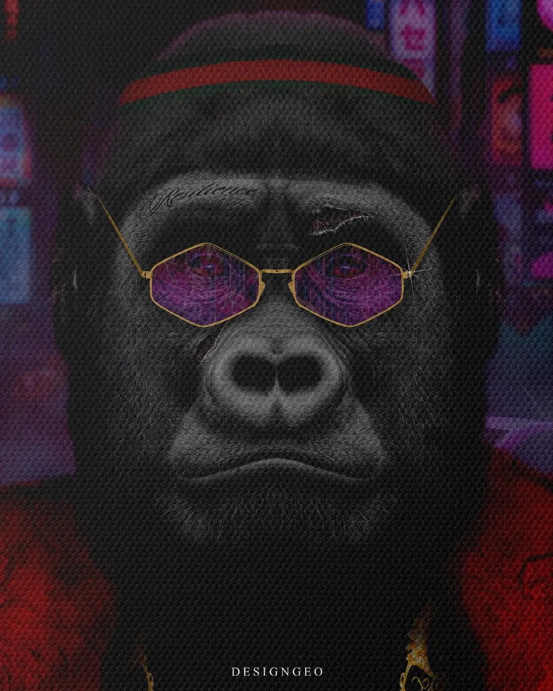 Vibrant pop art illustration on canvas showing a fashionable gorilla in high-end streetwear strolling past neon signs in Tokyo, symbolizing urban status and style