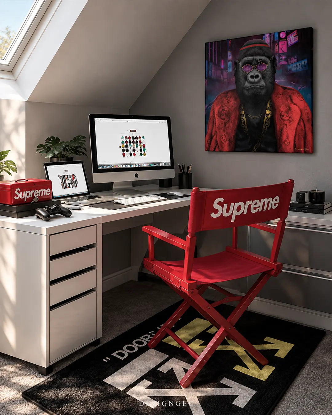 Gorilla in red fur coat and sunglasses square canvas wall art displayed on a gray wall in a streetwear home office setup with red director chair and computer desk