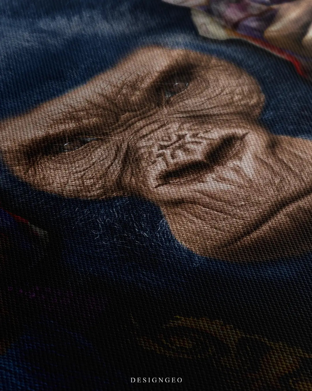 Close-up of modern money-themed wall art featuring a powerful gorilla covering its ears with stacks of dollar bills on a solid black background