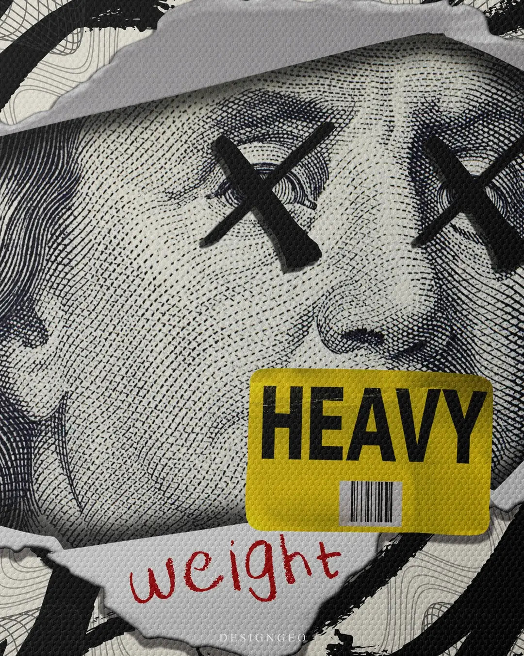 Detailed frontal shot of a Benjamin Franklin pop art design with colorful spray paint elements and handwritten graffiti tags on a professional canvas