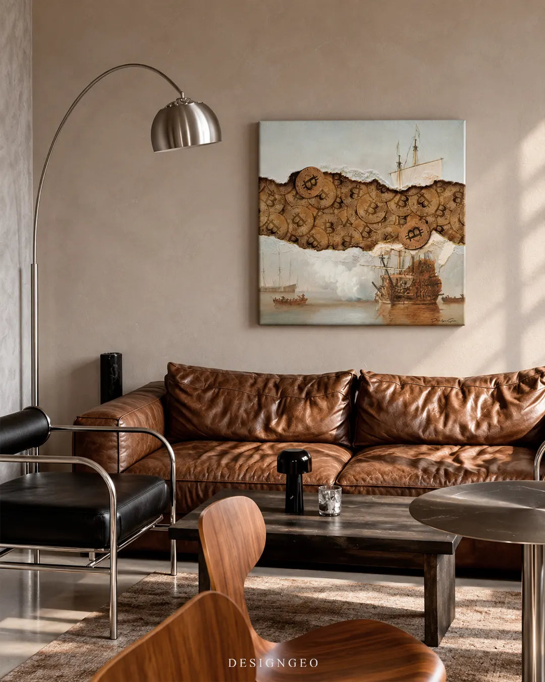 Vintage tall ship oil painting with torn canvas revealing gold Bitcoin coins square canvas wall art displayed on a beige wall in a contemporary living room above a brown leather sofa