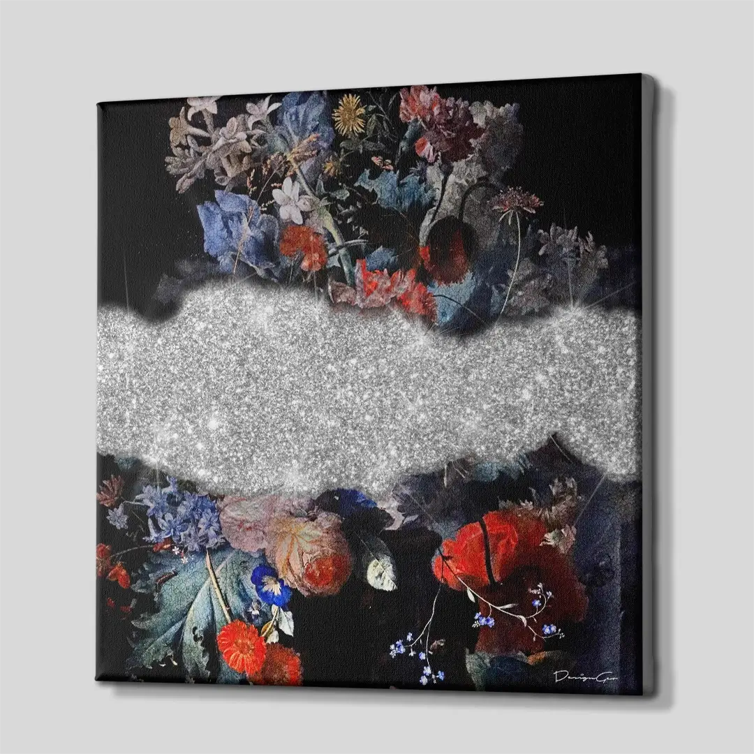 Side angle of the diamonds and floral painting canvas print, highlighting the high-quality gallery wrap finish and the professional 3D frame depth