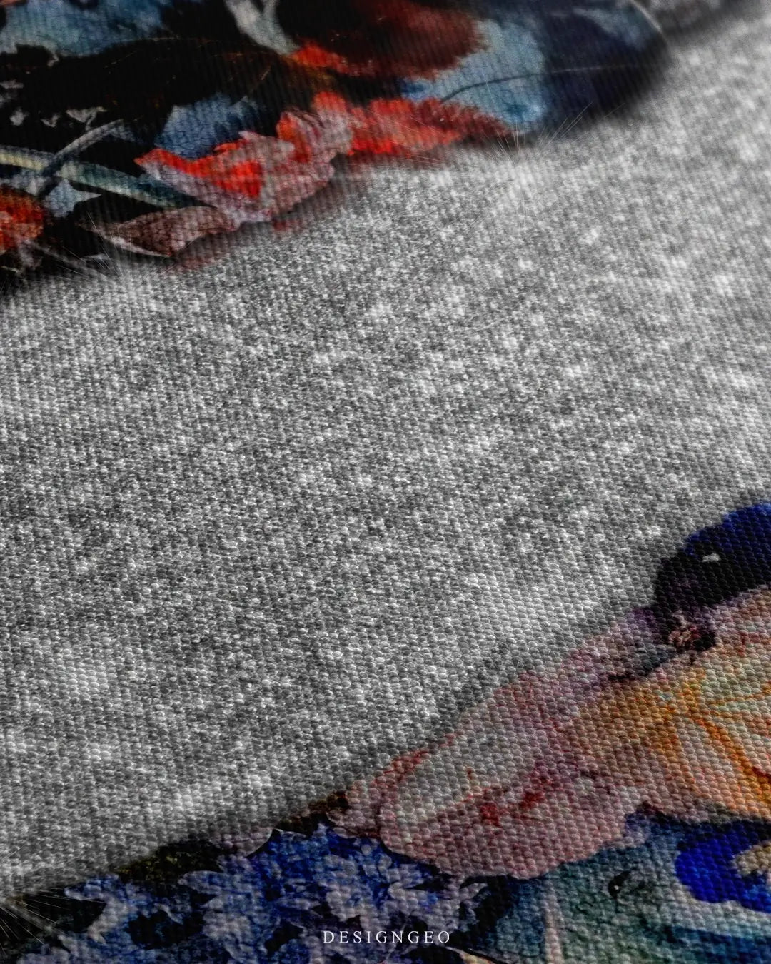 Close-up of luxury wall art featuring sparkling diamonds partially hidden behind peeling classic oil paint with a rich floral background