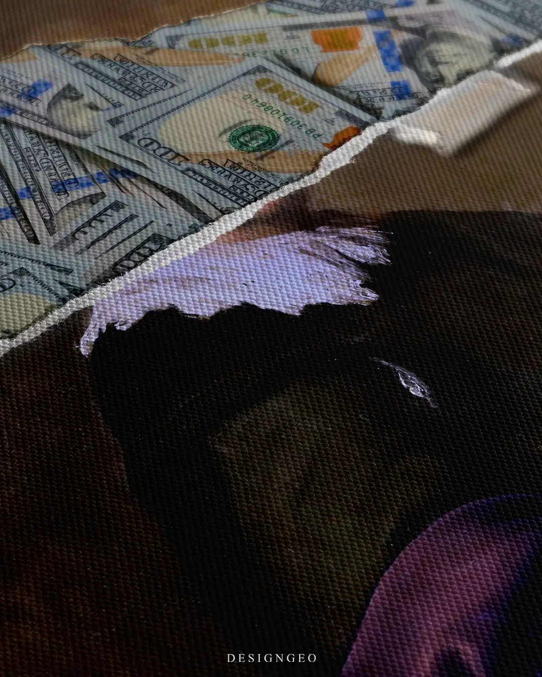Close-up of modern pop art featuring a textured gray surface peeling away to reveal hidden hundred-dollar bills underneath, symbolizing financial discovery and abundance
