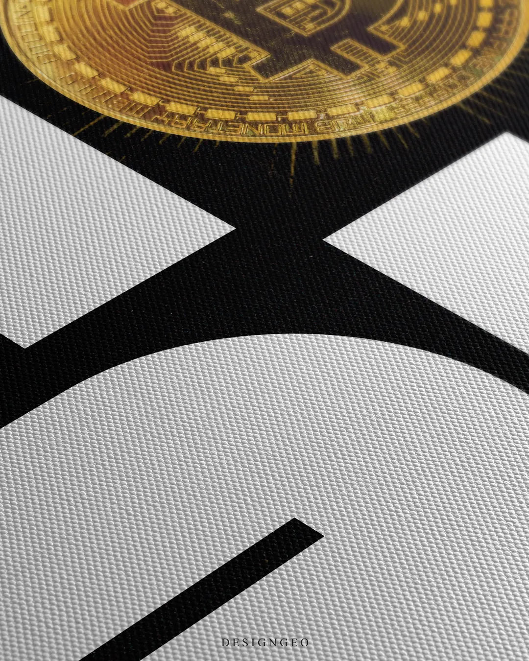 Angled close-up macro view highlighting the fine weave texture of the black canvas and the glowing golden Bitcoin emblem