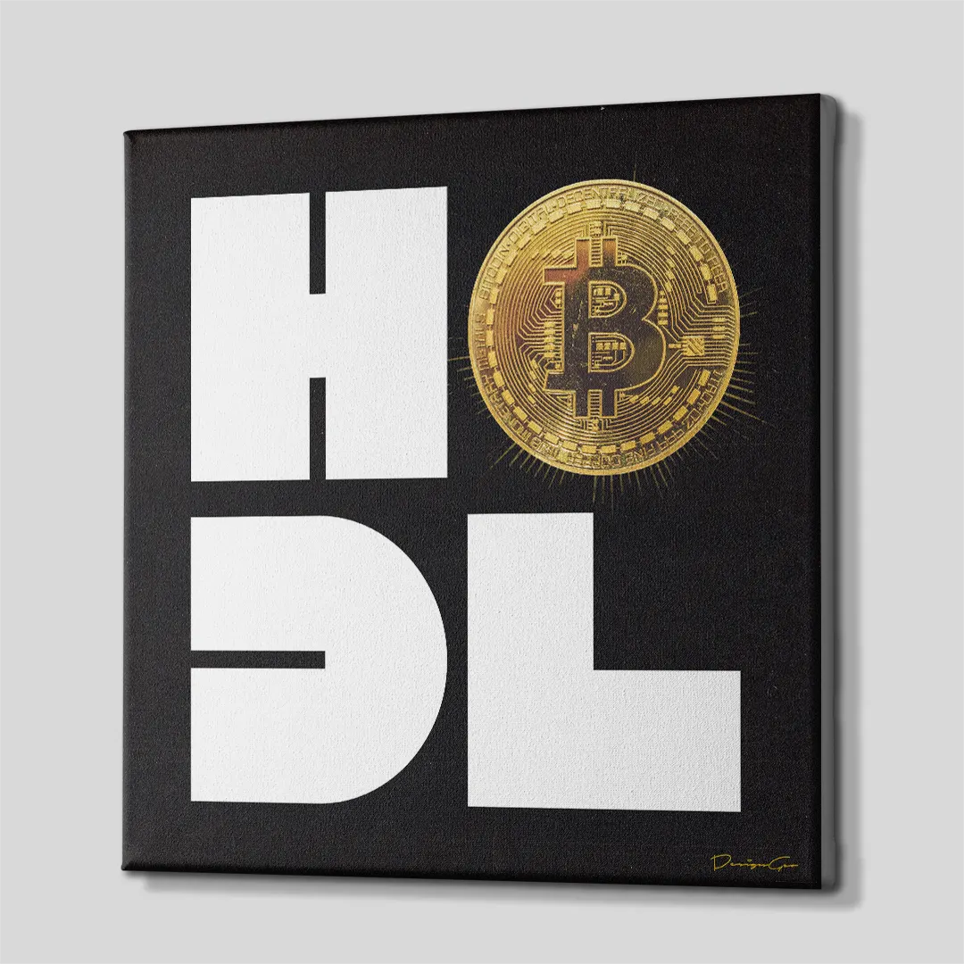 Three-quarter side angle of the black HODL Bitcoin canvas print showing clean gallery-wrapped edges mounted on a wooden frame