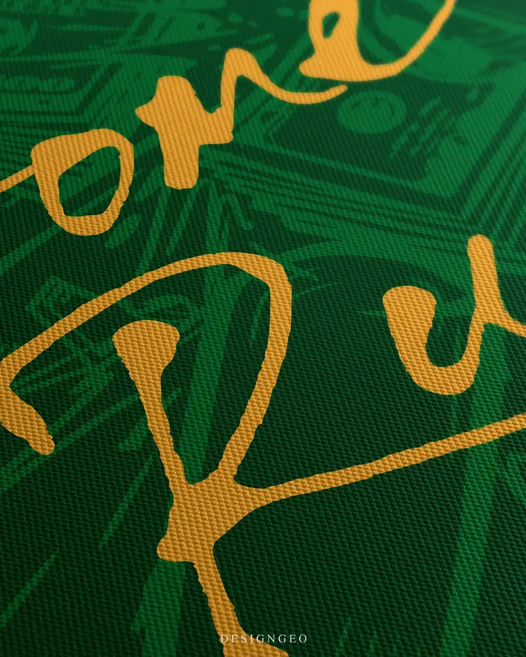 Close-up of modern motivational wall art featuring the phrase "Home Run" in bold yellow typography over an abstract burgundy and crimson background