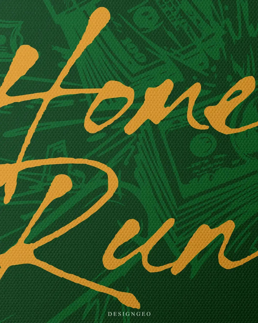 Detailed view of the "Home Run" art, showcasing the vibrant yellow contrast and textured abstract paint strokes of the contemporary money art canvas