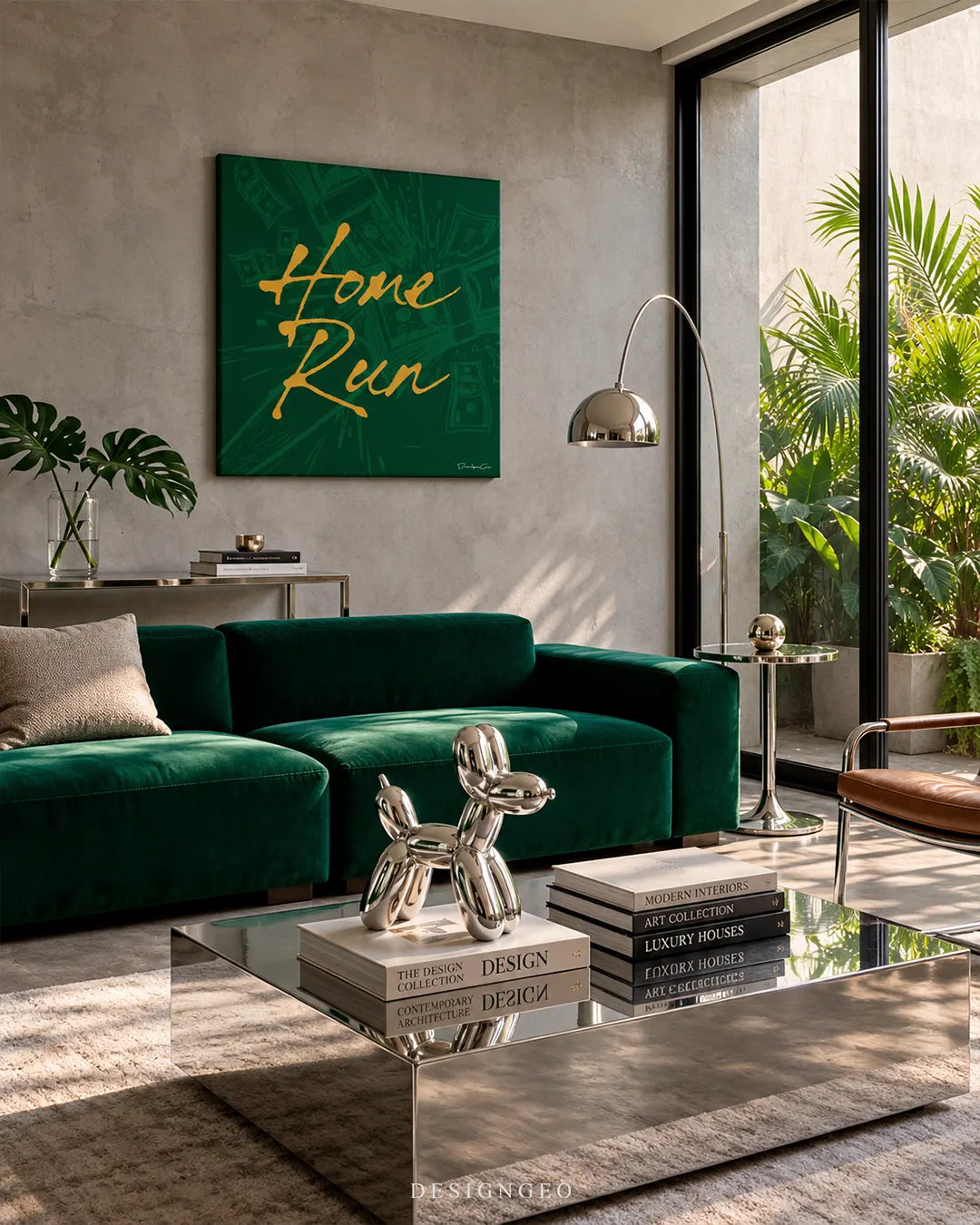 Gold handwritten Home Run typography square canvas wall art displayed on a concrete wall in a modern living room above an emerald green velvet sofa 0.75 inch thin wrap