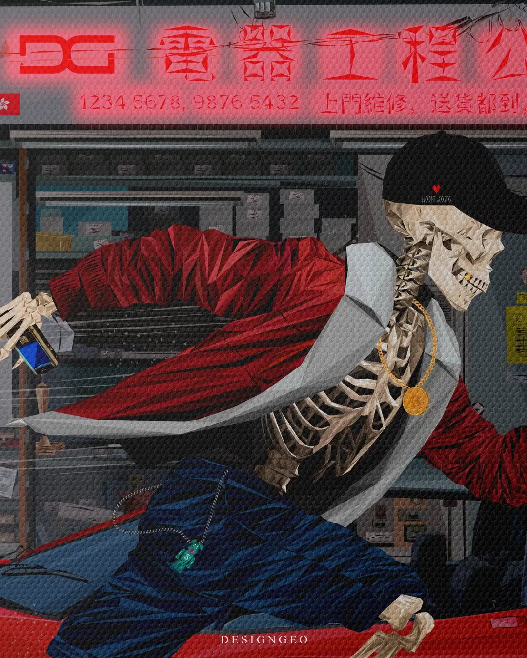 Artistic canvas illustration of a skeleton in full stride against a detailed Hong Kong cityscape, symbolizing the relentless drive and the "hustle" mindset