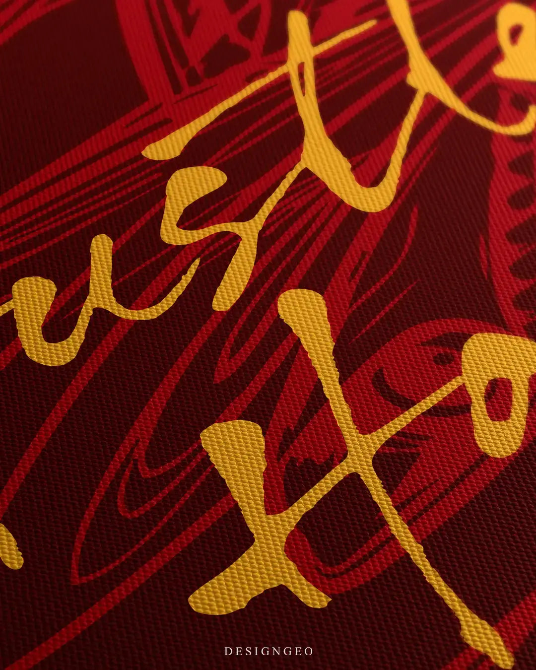 Close-up of modern motivational wall art featuring the phrase "Hustle Hard" in vibrant yellow typography over an abstract burgundy and red background