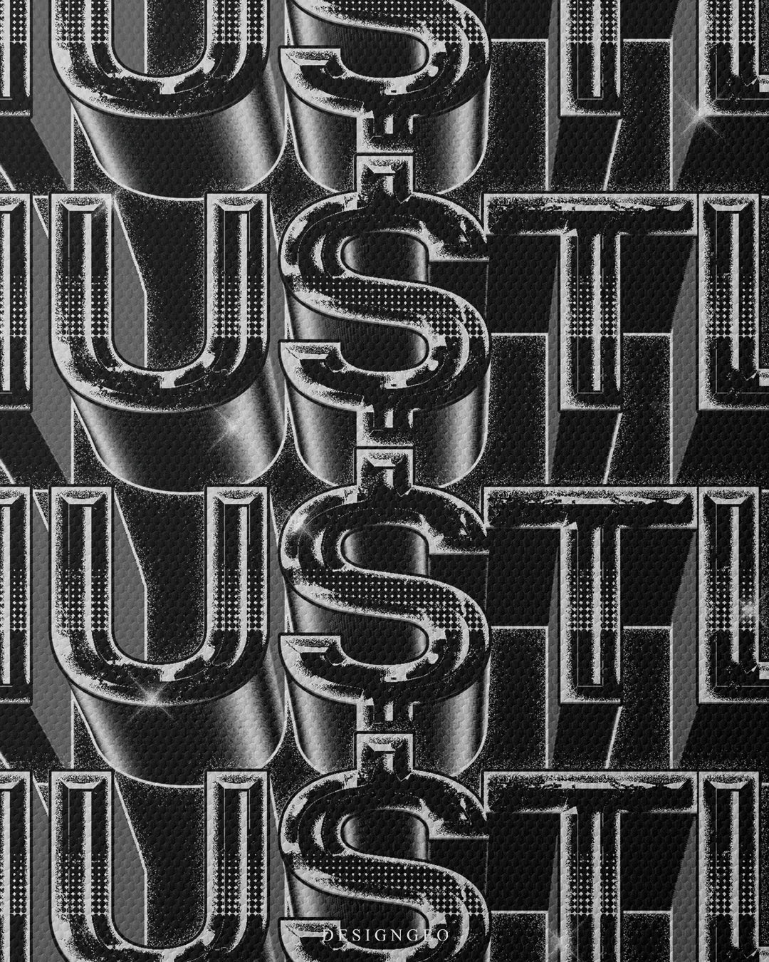 Medium shot showing 3D metallic HUSTLE typography with dollar sign details and halftone chrome textures on a black canvas background