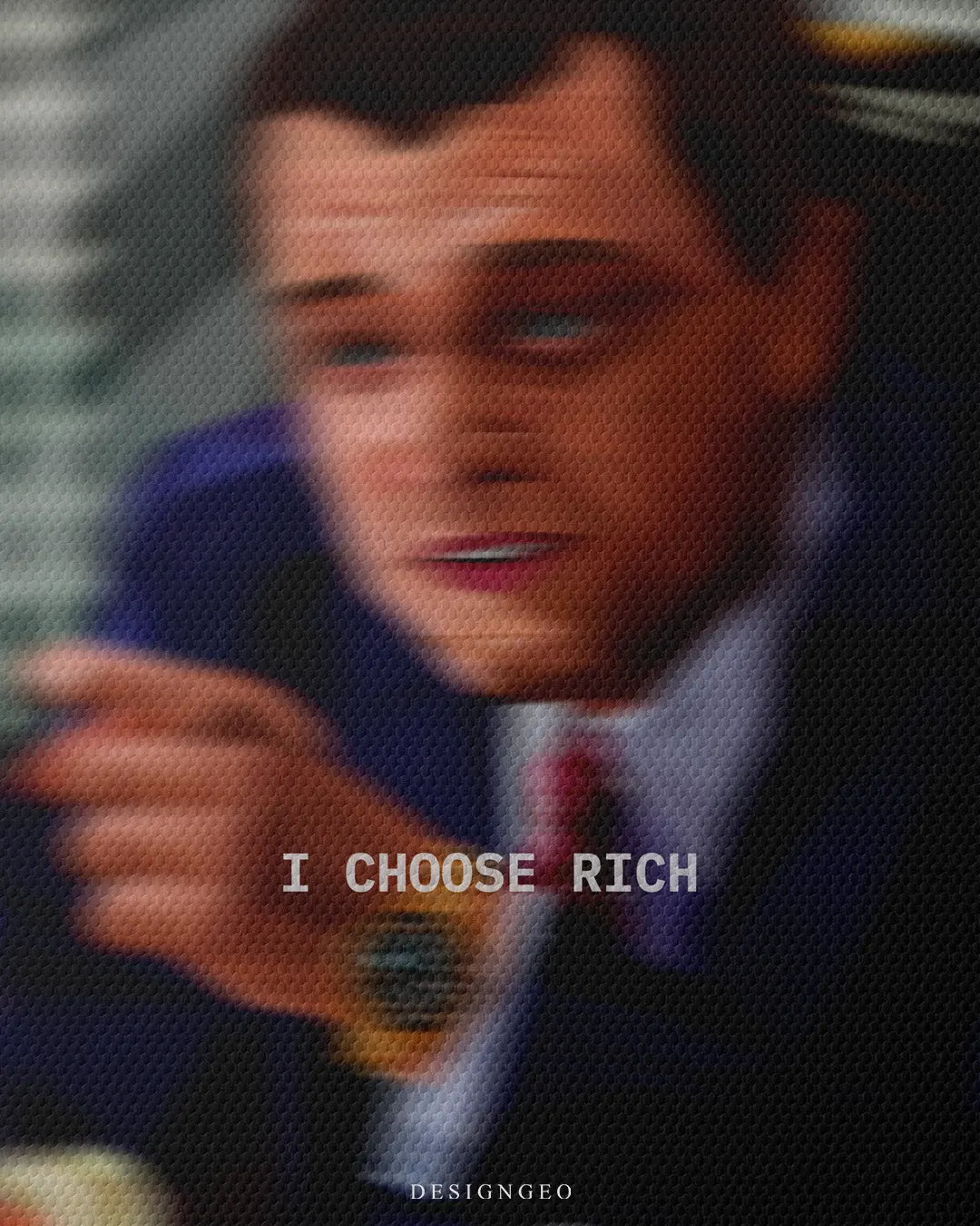 Close up texture view of I Choose Rich typography quote printed on fine woven canvas above blue suit office painting square canvas wall art 0.75 inch thin wrap