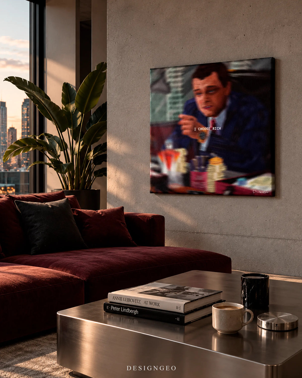 I Choose Rich Wall Street square canvas wall art mounted on concrete wall in modern living room with red velvet sofa and city skyline window 0.75 inch thin wrap