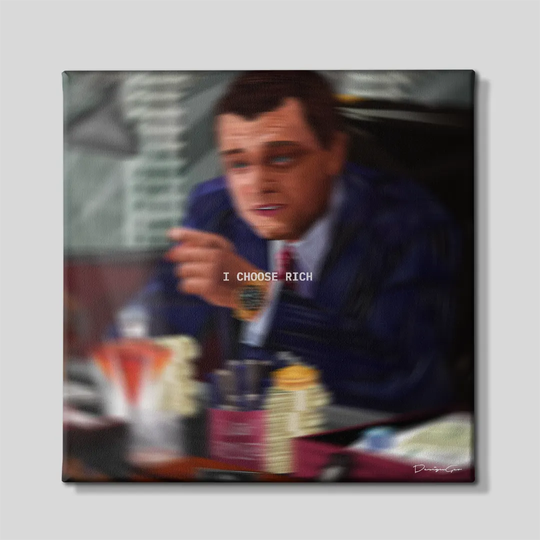 Wall Street square canvas wall art featuring CEO sitting at office desk wearing a blue suit under motivational quote I Choose Rich 0.75 inch thin wrap