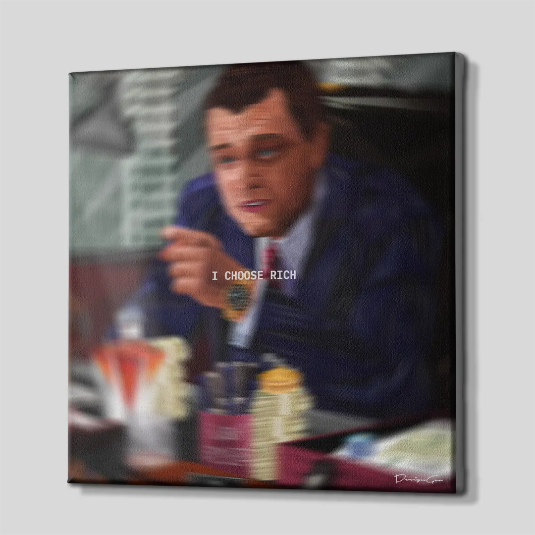 Side perspective view of Wall Street motivational square canvas art showing executive desk artwork with dark gallery wrapped edge 0.75 inch thin wrap