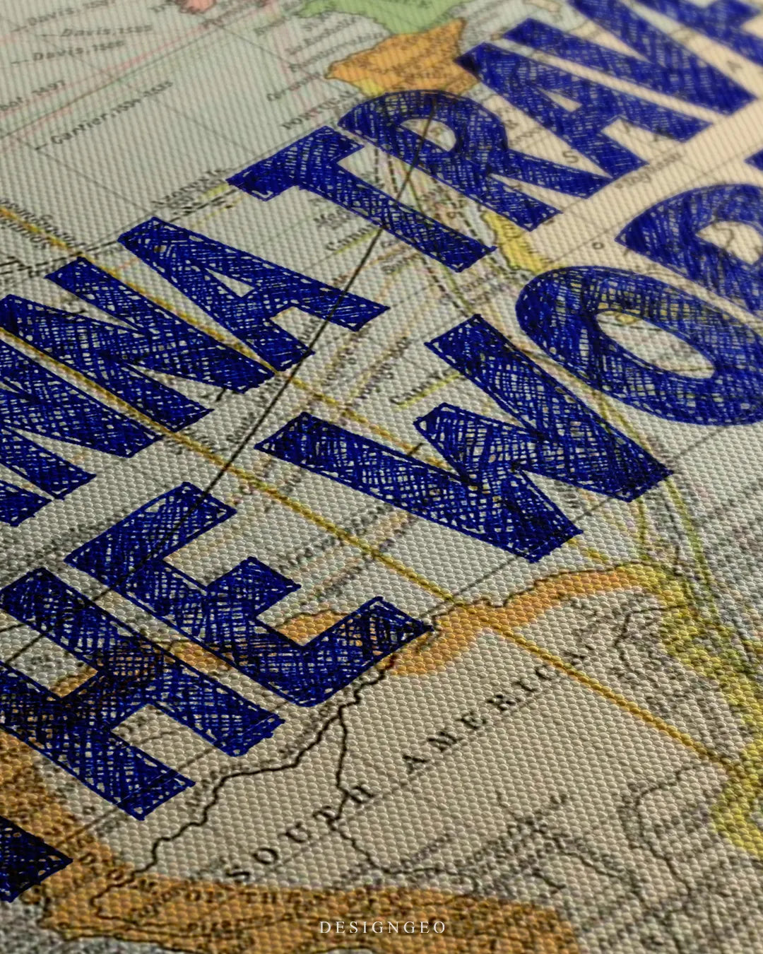 Angled macro view detailing fine woven canvas fabric texture, detailed pen ink shading on typography, and vintage cartography annotations for modern travel decor